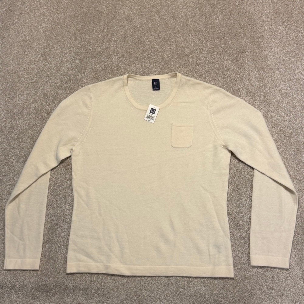 Gap Sweater Womens XL Cream 100% Lambswool Crewneck Long Sleeve‎ Pocket NEW